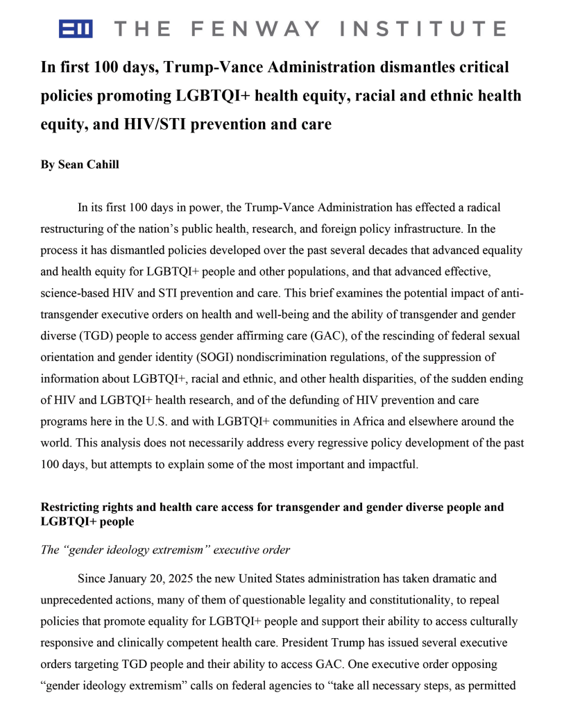 Cover page for the policy brief - In first 100 days, Trump-Vance Administration dismantles critical policies promoting LGBTQI+ health equity, racial and ethnic health equity, and HIV/STI prevention and care
