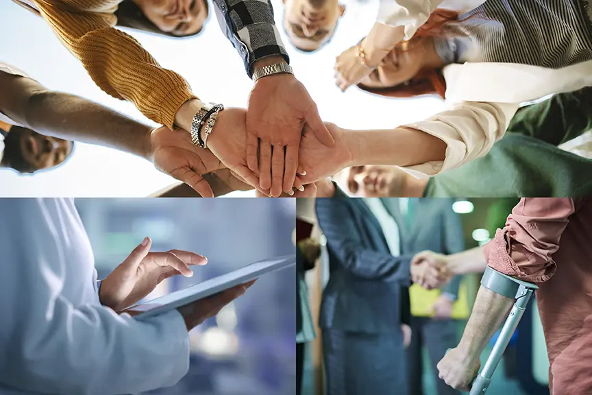 A multi-panel image. The top panel shows a group of people with their hands stacked together in the center, looking down. The bottom left panel shows a close-up of hands typing on a tablet. The bottom right panel shows two people shaking hands, with one person having a crutch under their arm.