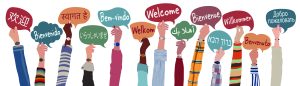 Raised arms and hands of multicultural people from different nations